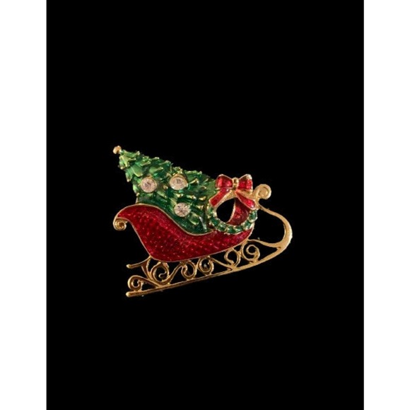 Eisenberg Christmas Enamel Brooch Rhinestone Tree in Sled with Wreath - Picture 10 of 10